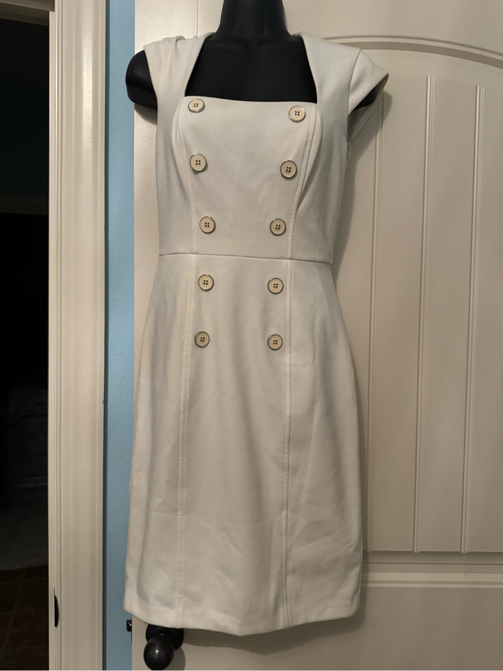 White House Black Market Cream Double-Breasted Square-Neck Midi Dress
